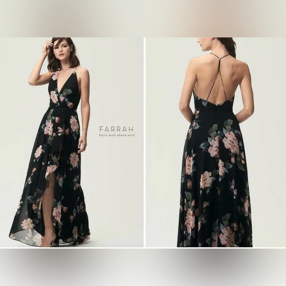 JENNY YOO BLACK FLORAL MAXI LUX OPEN BACK CHIFFON HIGH LOW V-NECK PLUNGE GOWN
